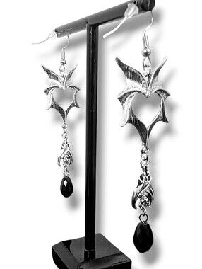 NWT Handmade Silver Bat Wing Earrings with Dangly Bat and Black Gem
